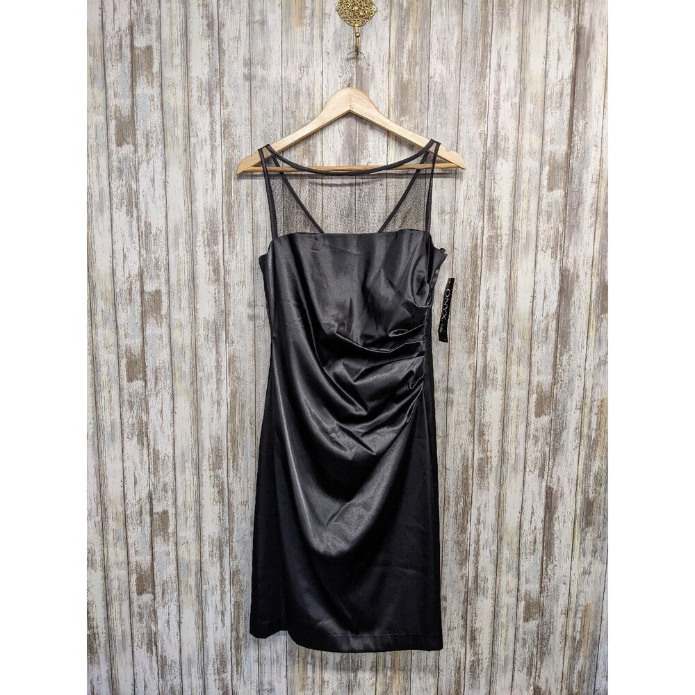 Onyx Nite Black Satin Mesh Neck Ruched Sheath Cocktail Dress Sz 10 USA NWT $128